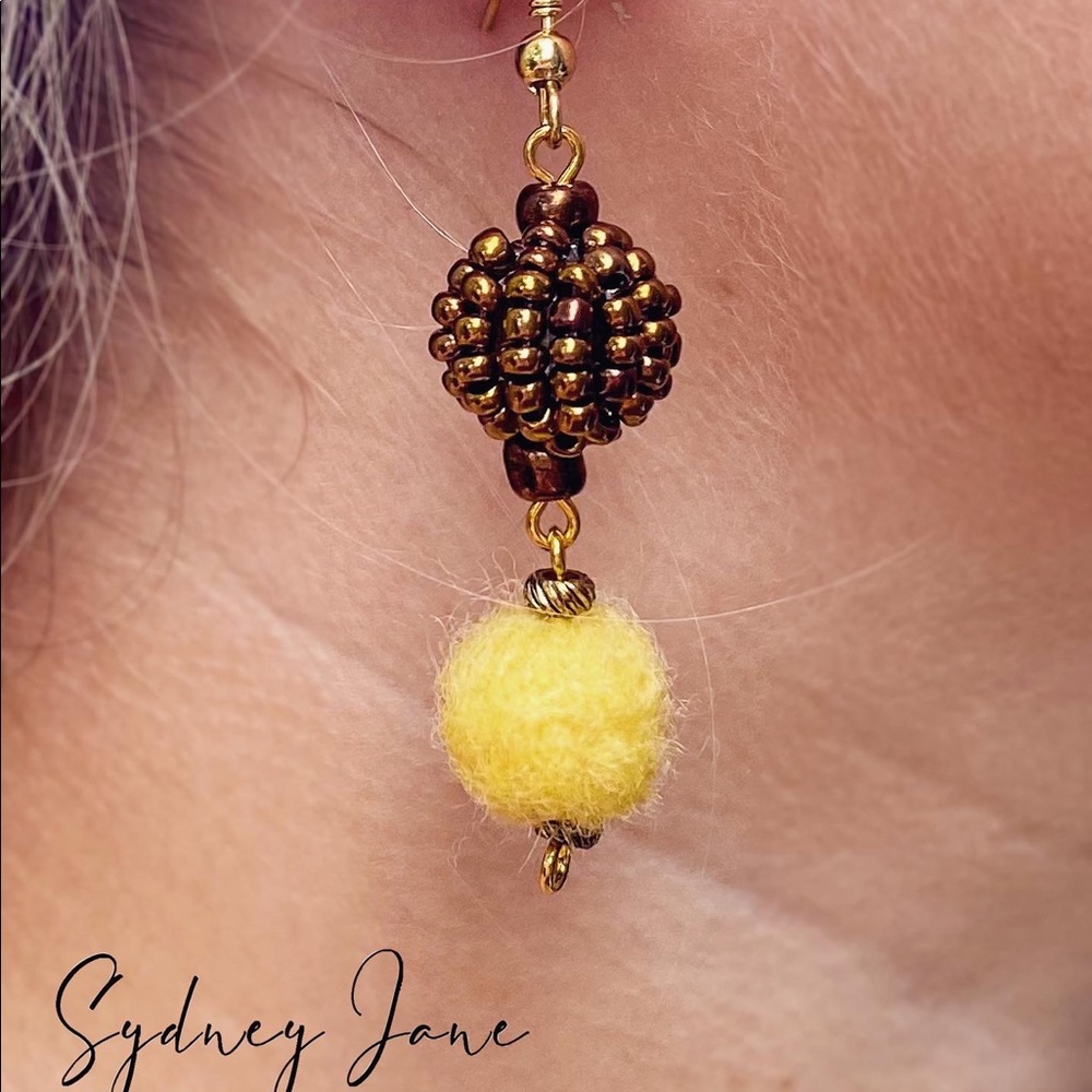 Yellow needle felted wool beaded dangle earrings